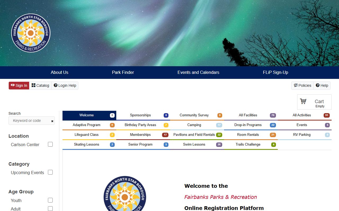 FNSB parks page showing College area community parks and recreation resources