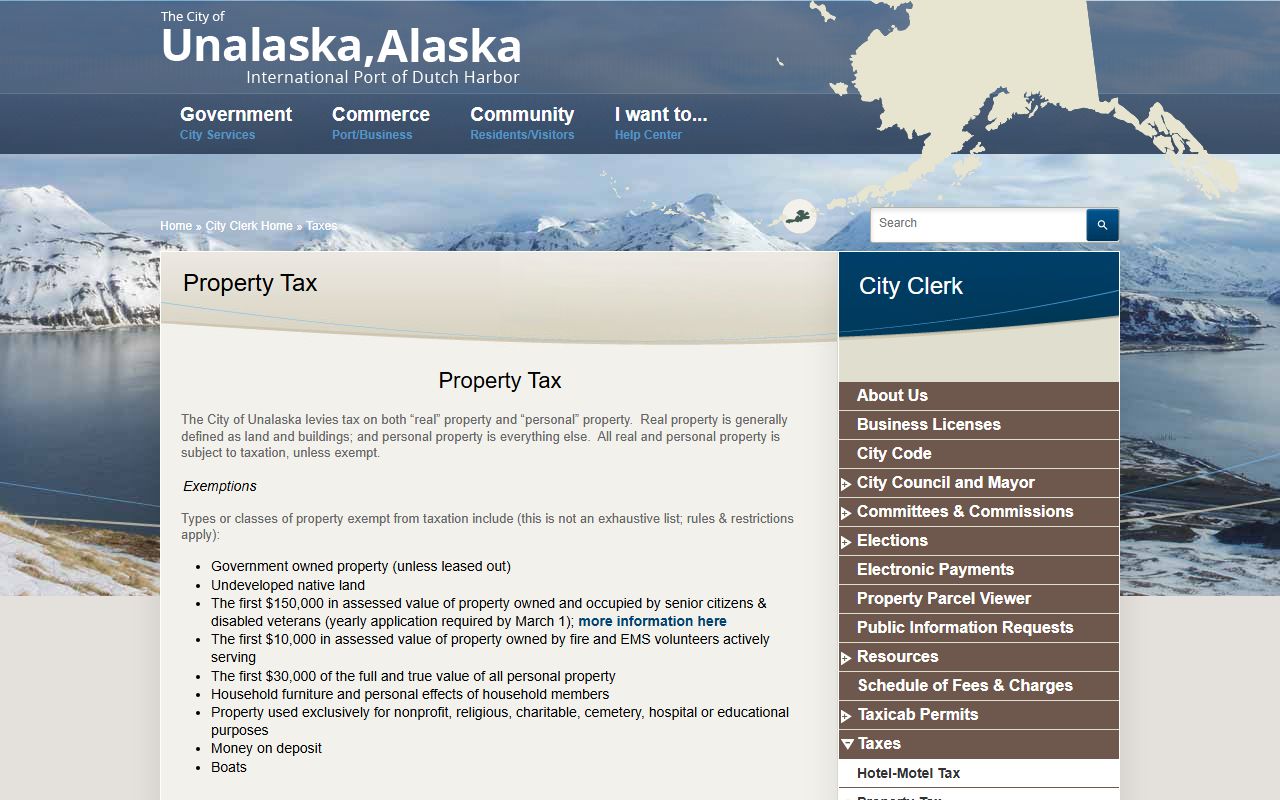 Unalaska property tax records city clerk page