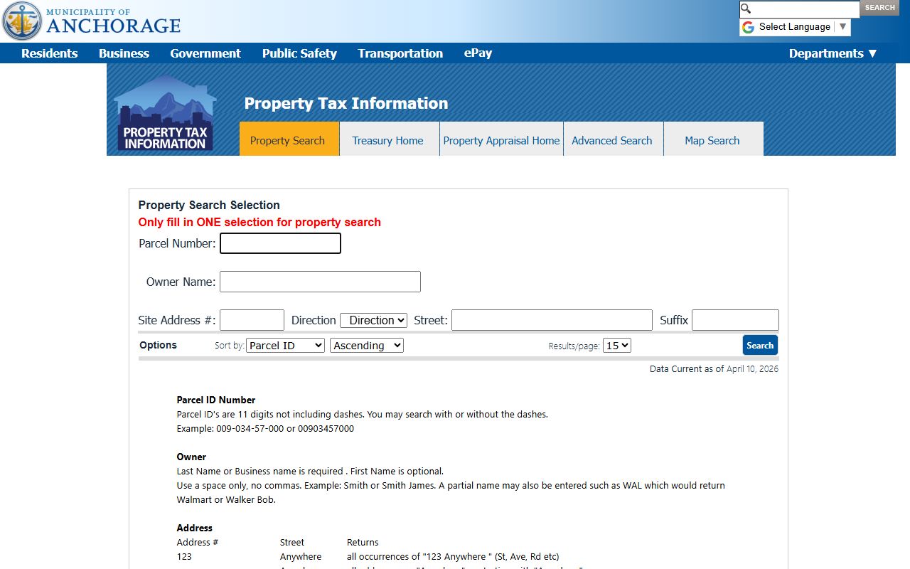Anchorage property tax records search portal showing parcel lookup options
