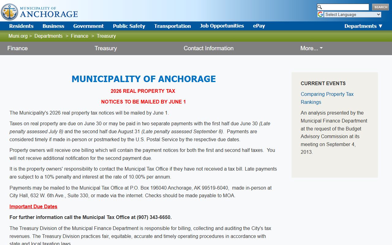 Anchorage municipality Treasury Division page for property tax records billing and payments