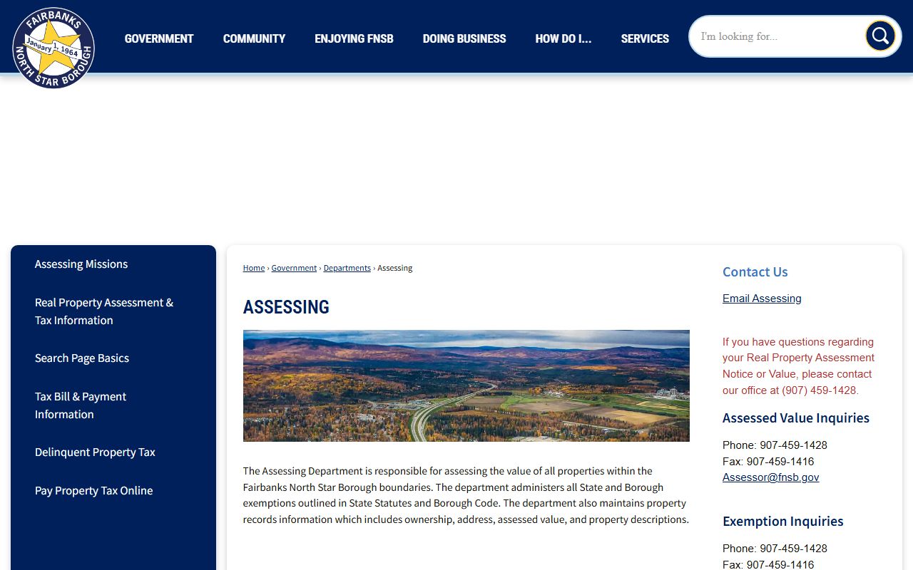 Fairbanks North Star Borough Assessing Department page showing contact information and responsibilities