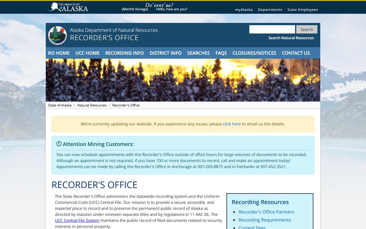 Alaska Recorder's Office home page for official property tax records and deeds