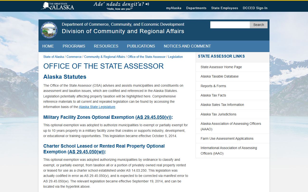 Alaska state assessor legislation page for property tax records and exemptions