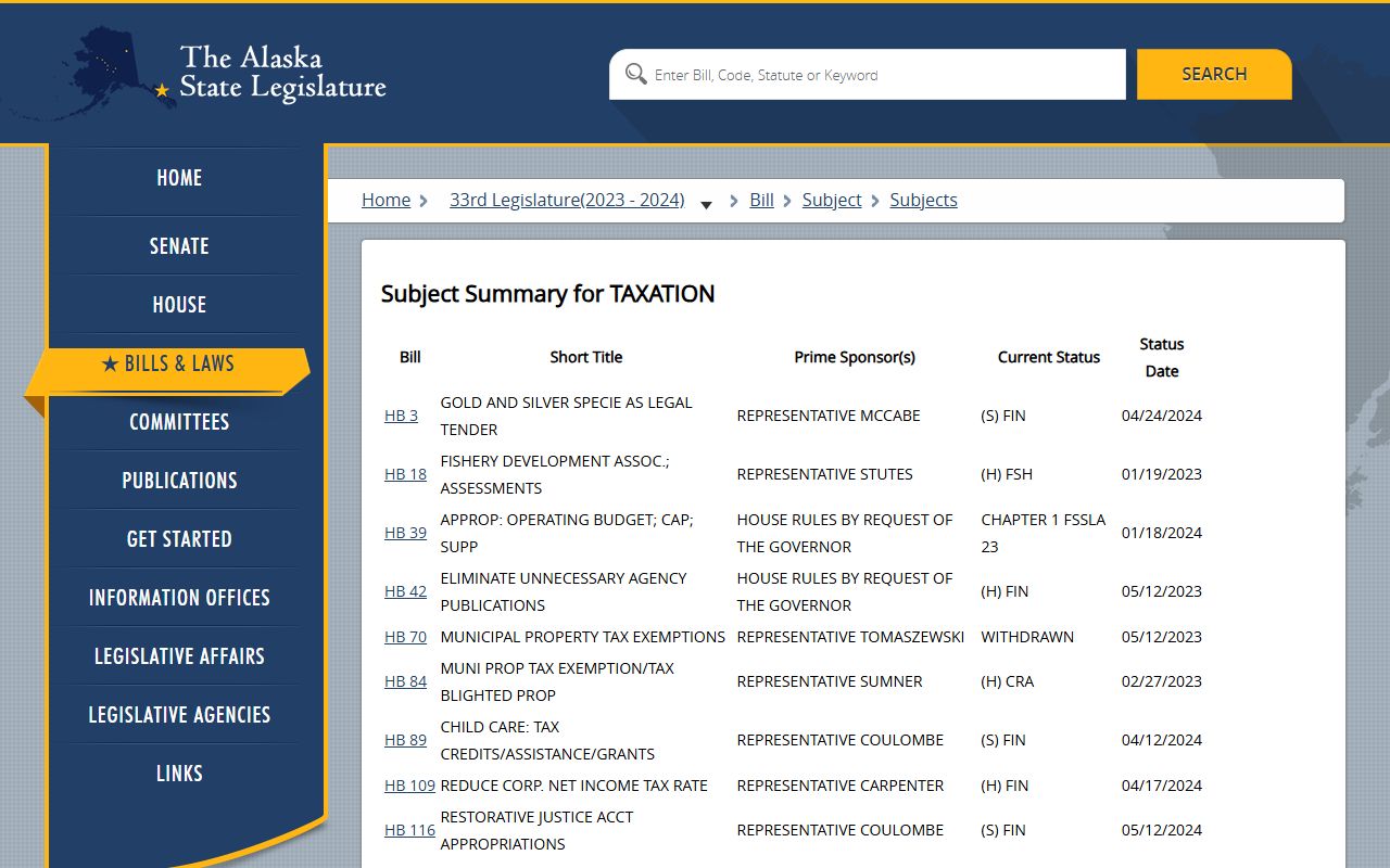 Alaska Legislature taxation tracking page for property tax bills